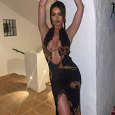 Printed Low Cut Halter Strap Backless Maxi Dress
